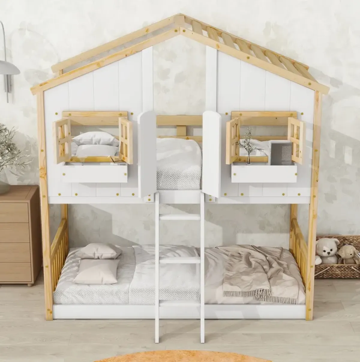 House Bunk Bed With Roof, Window, Window Box, Door, With Safety Guardrails And Ladder