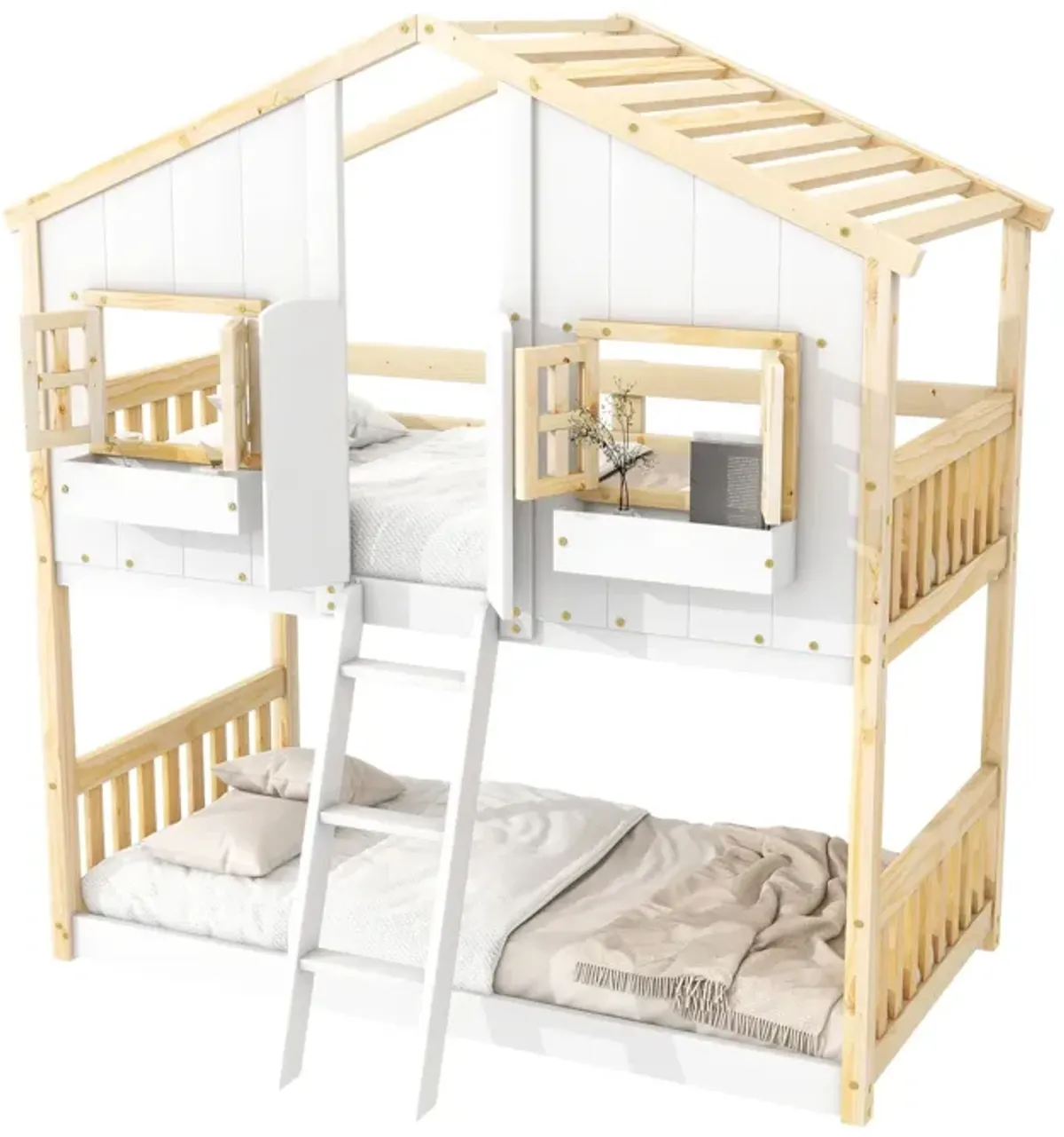 House Bunk Bed With Roof, Window, Window Box, Door, With Safety Guardrails And Ladder