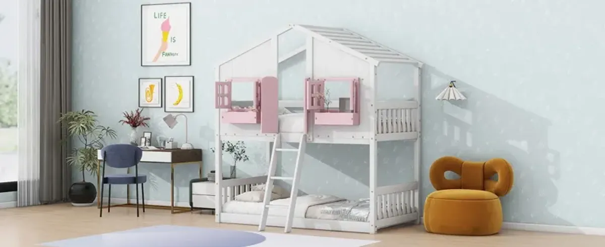 House Bunk Bed With Roof, Window, Window Box, Door, With Safety Guardrails And Ladder