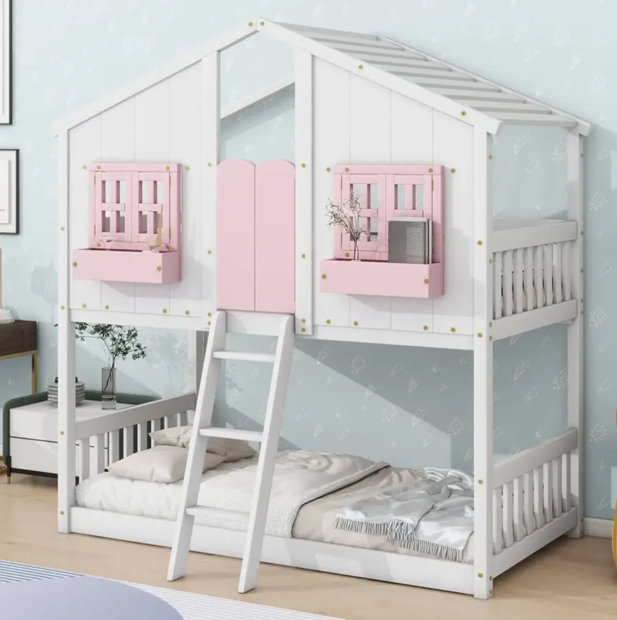 House Bunk Bed With Roof, Window, Window Box, Door, With Safety Guardrails And Ladder