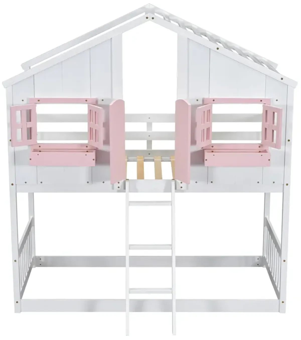 House Bunk Bed With Roof, Window, Window Box, Door, With Safety Guardrails And Ladder