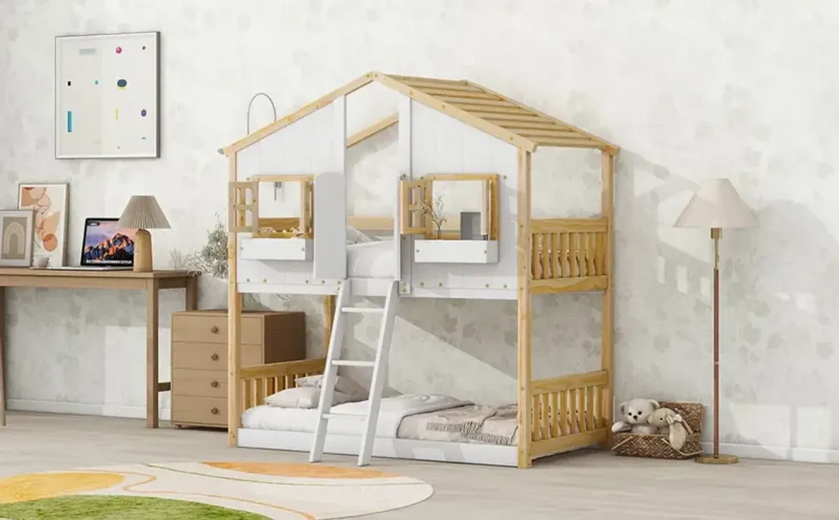 House Bunk Bed With Roof, Window, Window Box, Door, With Safety Guardrails And Ladder