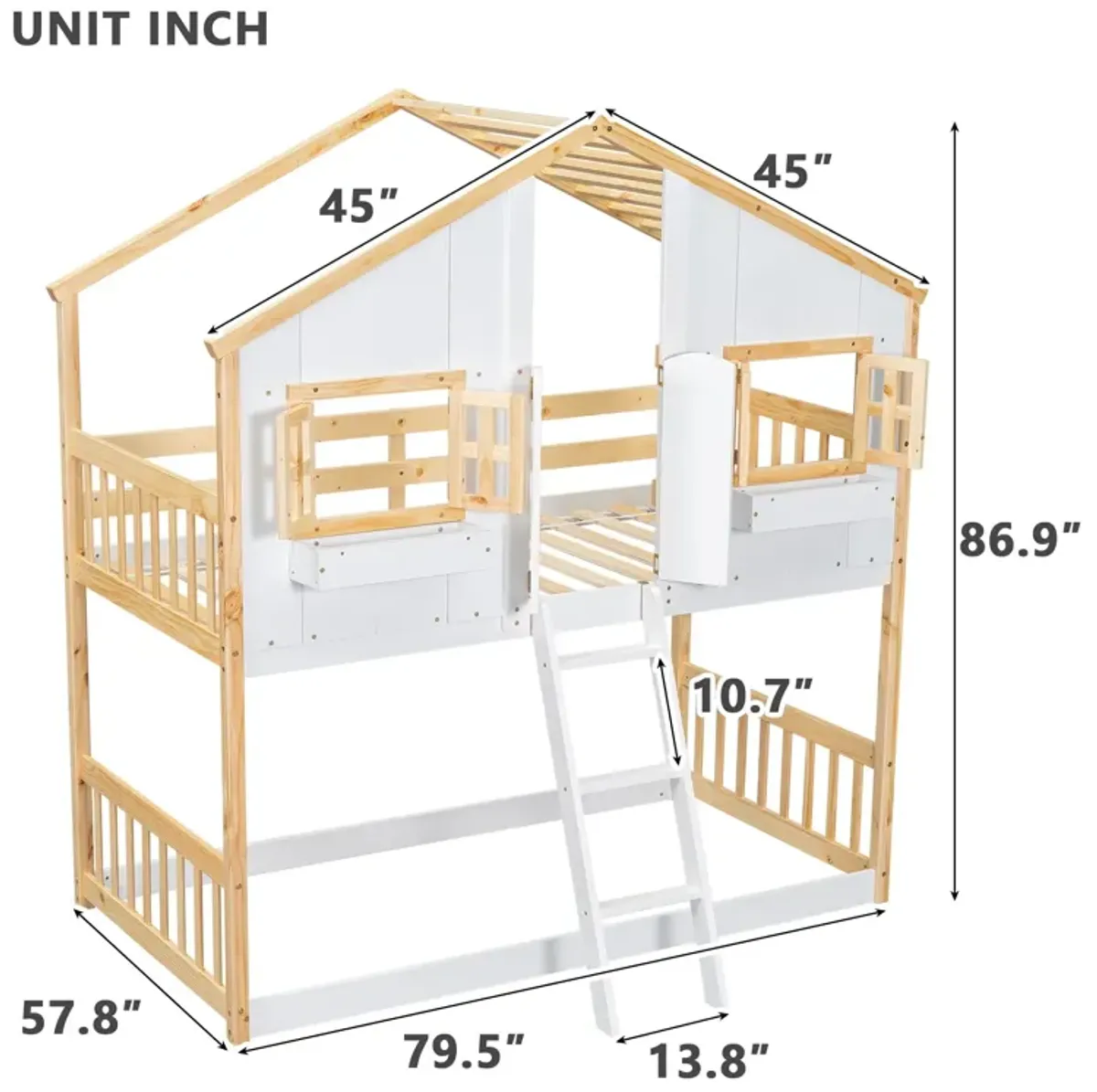 House Bunk Bed With Roof, Window, Window Box, Door, With Safety Guardrails And Ladder