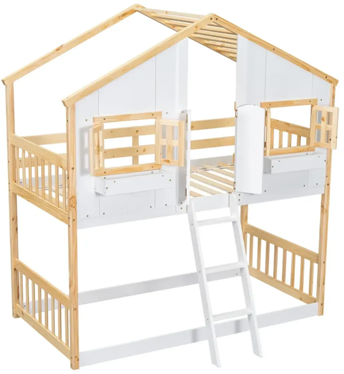 House Bunk Bed With Roof, Window, Window Box, Door, With Safety Guardrails And Ladder