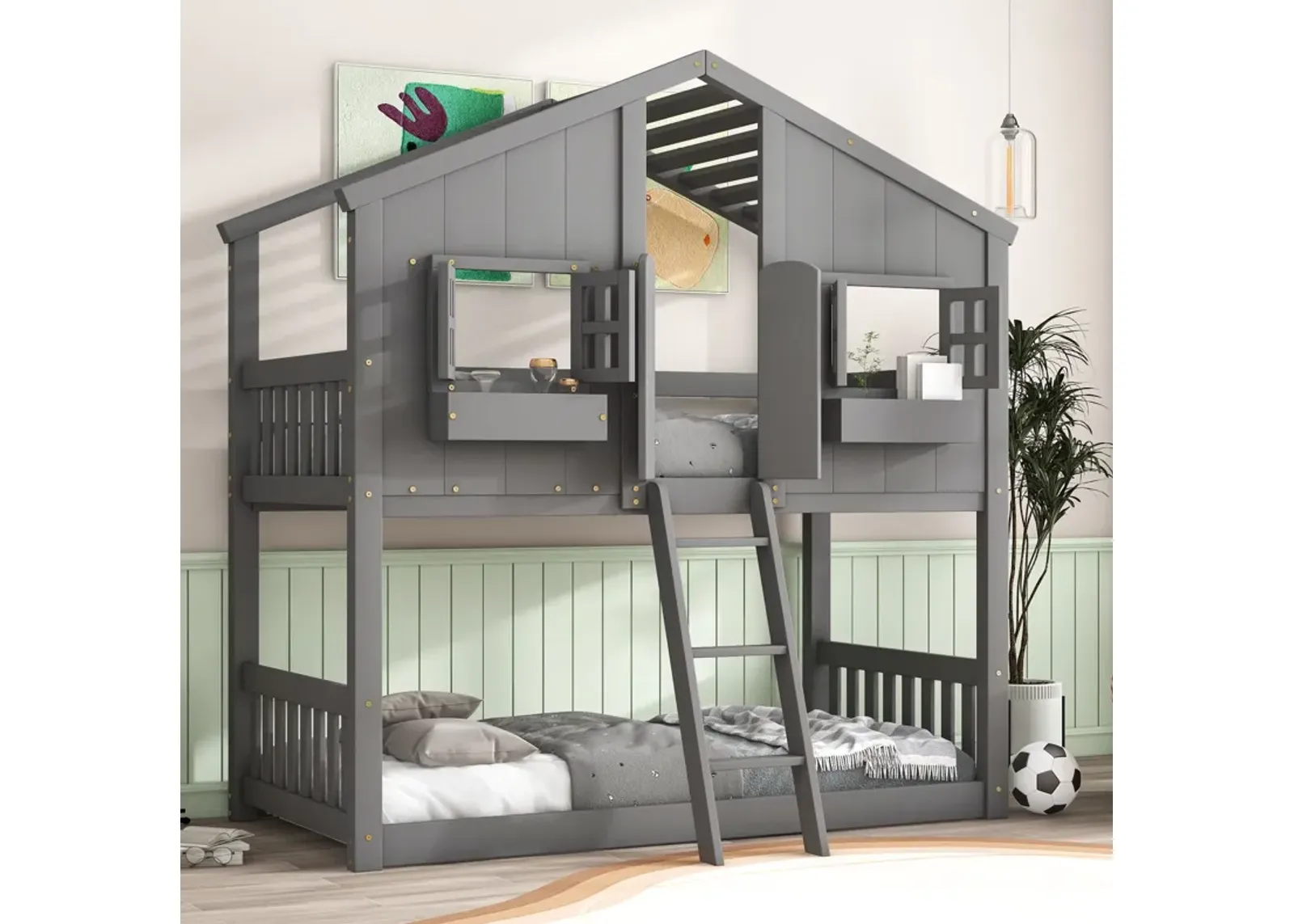 House Bunk Bed With Roof, Window, Window Box, Door, With Safety Guardrails And Ladder