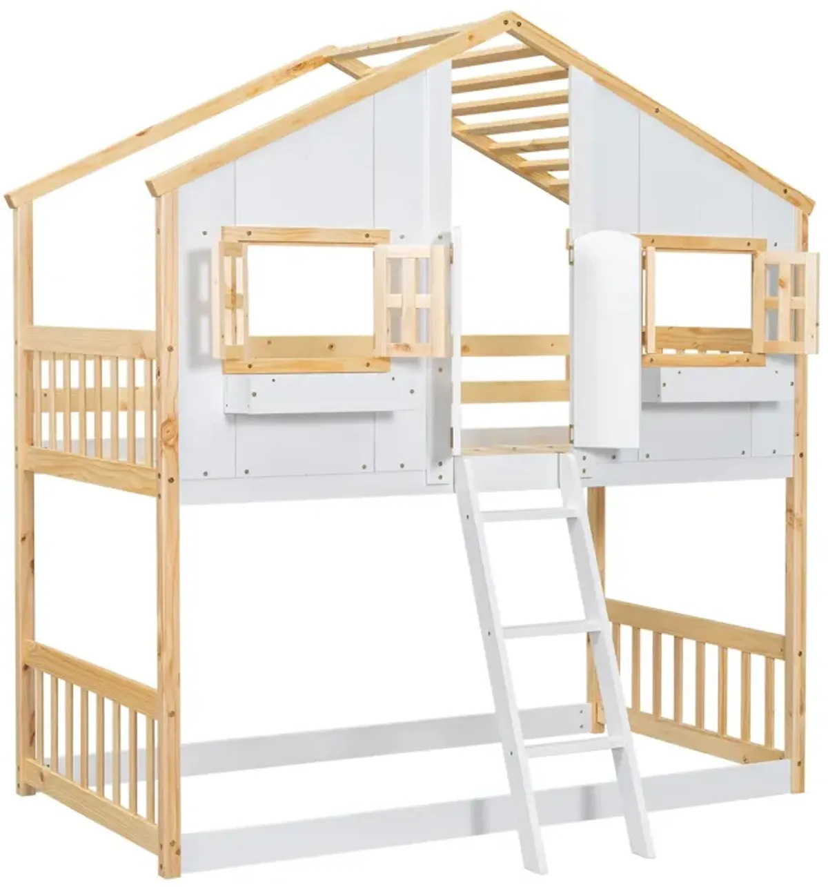 House Bunk Bed With Roof, Window, Window Box, Door, With Safety Guardrails And Ladder