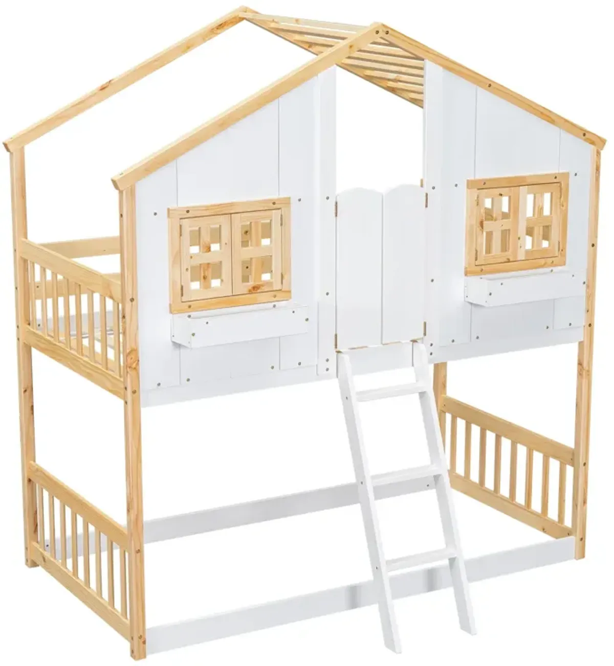 House Bunk Bed With Roof, Window, Window Box, Door, With Safety Guardrails And Ladder