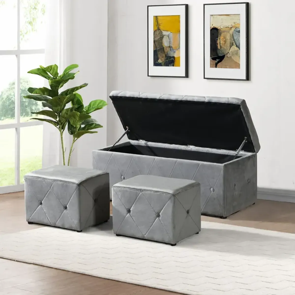 3 Piece Rectangular Storage Ottoman Short Velvet With 2 Set Ottomans