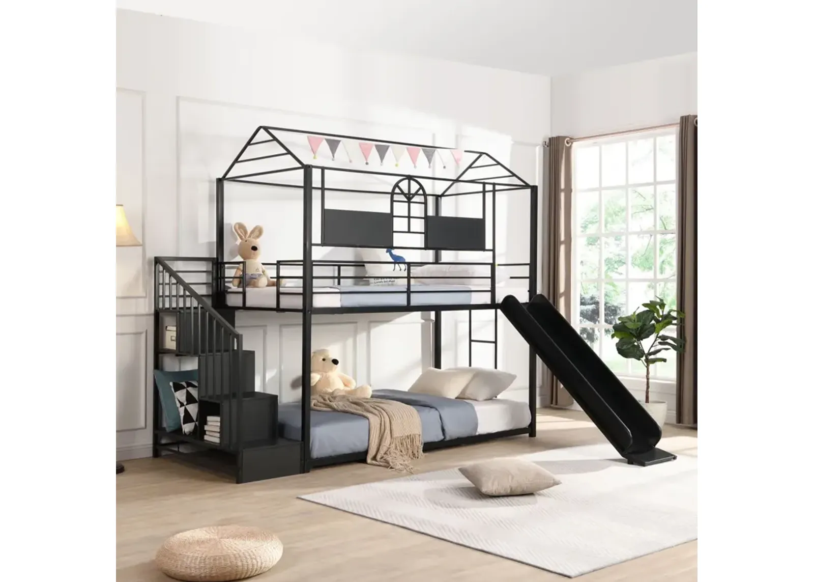 Twin Over Twin Metal Bunk Bed With Slide And Steps