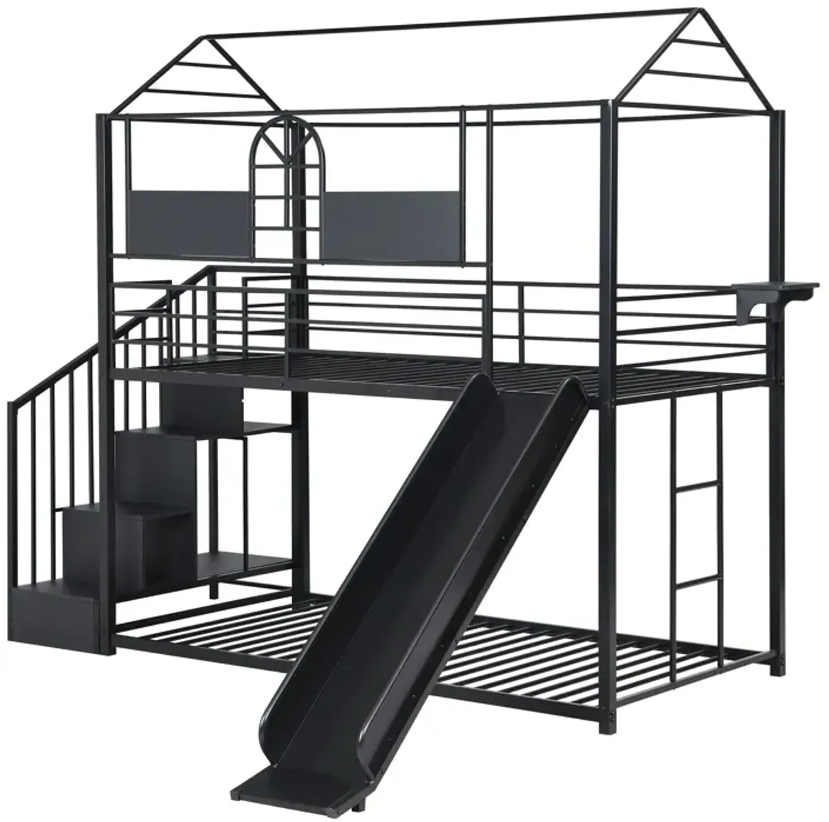 Twin Over Twin Metal Bunk Bed With Slide And Steps