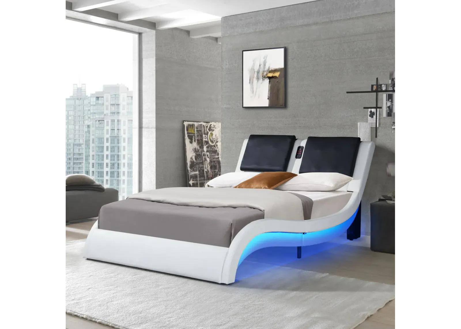 Upholstered Platform Bed Frame With LED Lighting, Bluetooth Connection To Play Music Control, Backrest Vibration Massage, Curve Design, Wood Slat Support, Exhibited Speakers