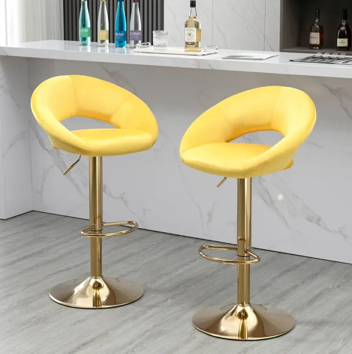 Velvet Adjustable Modern Dining Chairs, Counter Height Bar Chair, Swivel Bar Stools (Set of 2) - Yellow