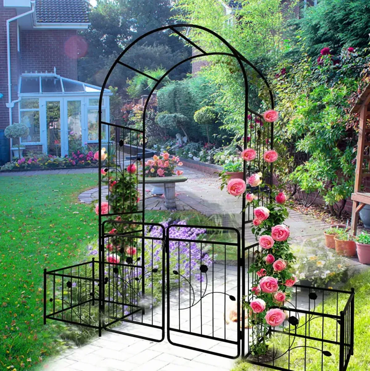 Metal Garden Arch With Gate Wide High Climbing Plants Support Rose Arch Outdoor - Black