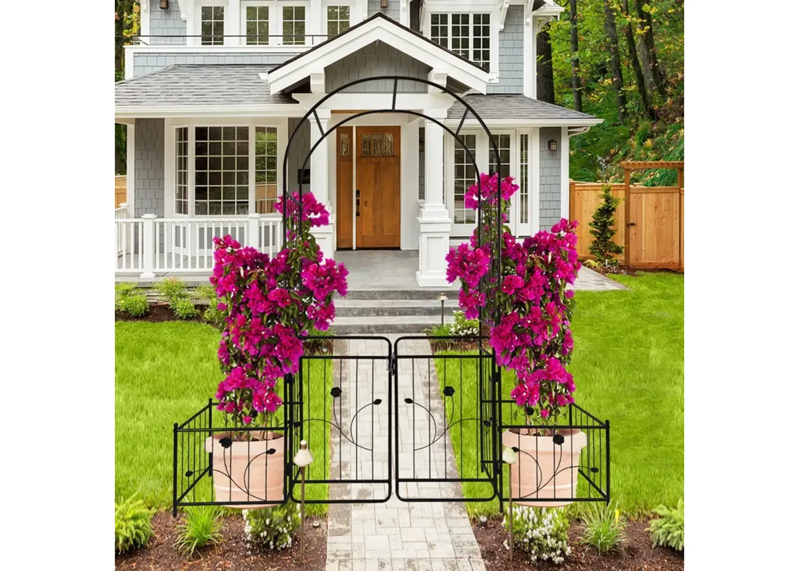 Metal Garden Arch With Gate Wide High Climbing Plants Support Rose Arch Outdoor - Black