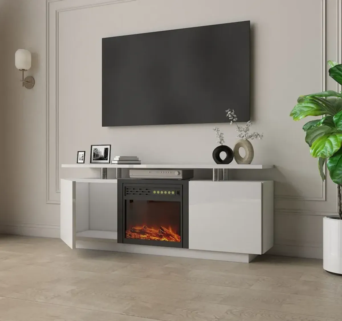 TV Cabinet, TV Unit With Fireplace, Have Heat And Flame Color Changes - White