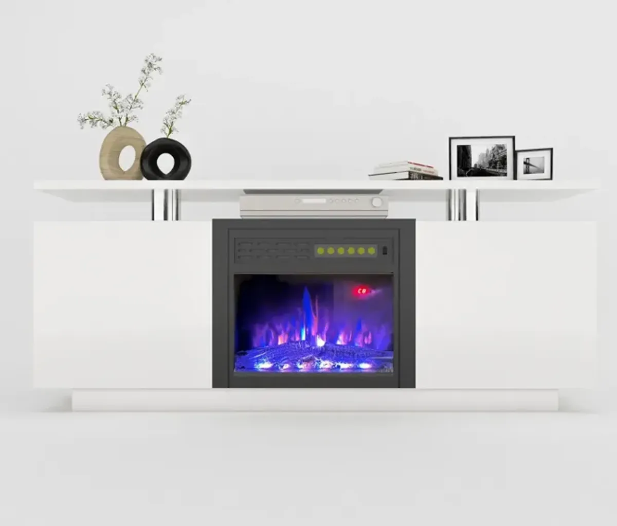 TV Cabinet, TV Unit With Fireplace, Have Heat And Flame Color Changes - White