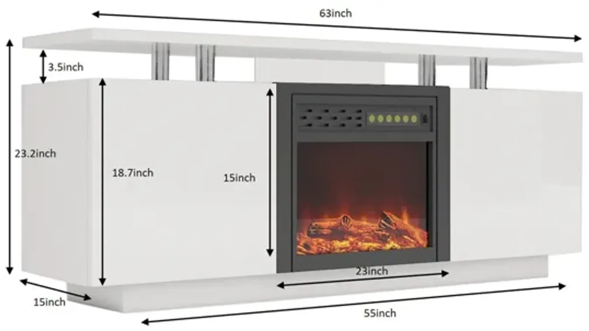 TV Cabinet, TV Unit With Fireplace, Have Heat And Flame Color Changes - White