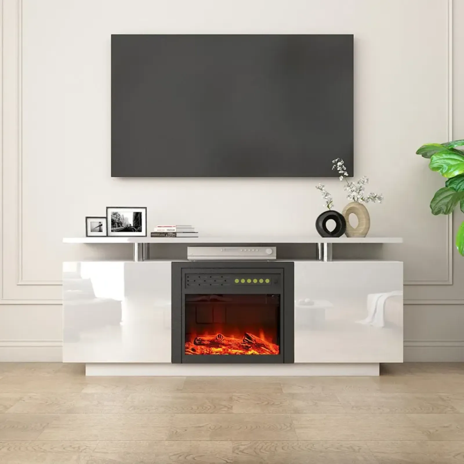 TV Cabinet, TV Unit With Fireplace, Have Heat And Flame Color Changes - White