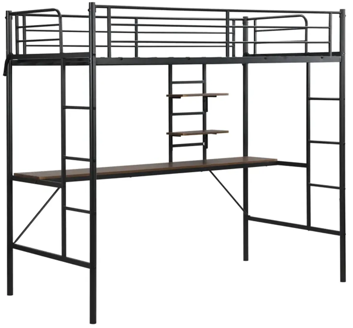 Metal Twin Loft Bed With Desk And Storage Shelves - Black