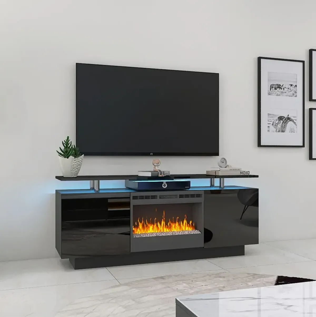 Large TV Cabinet With Fireplace Can Heating Change Color 9 Models 8 Levels Have LED Light - Black