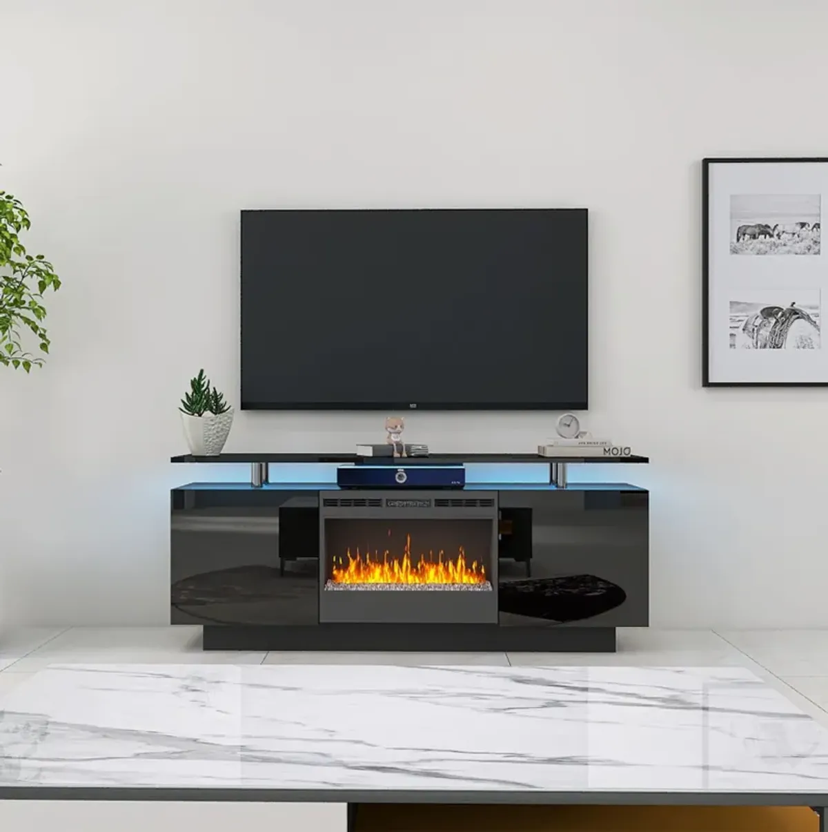 Large TV Cabinet With Fireplace Can Heating Change Color 9 Models 8 Levels Have LED Light - Black