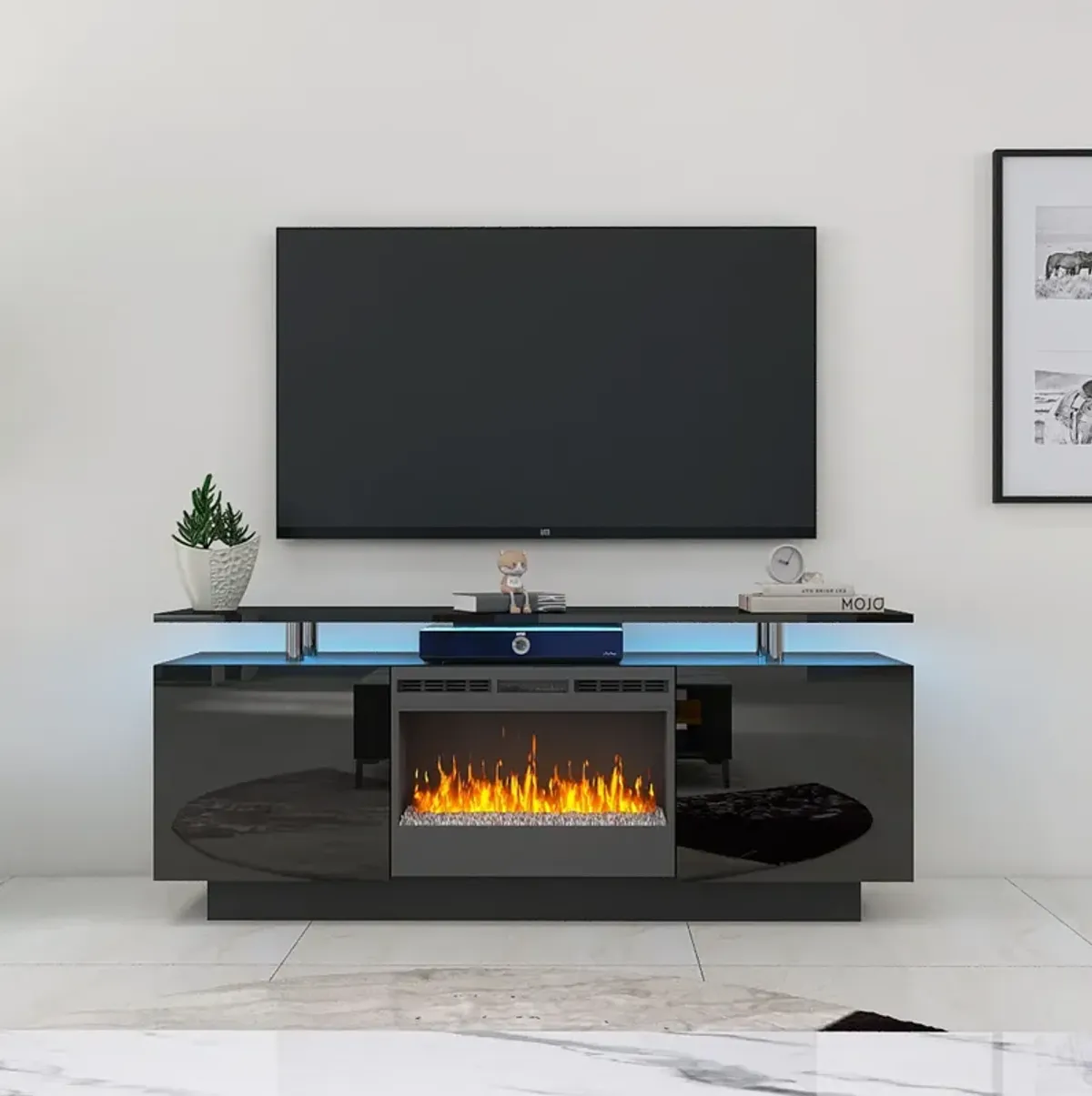 Large TV Cabinet With Fireplace Can Heating Change Color 9 Models 8 Levels Have LED Light - Black