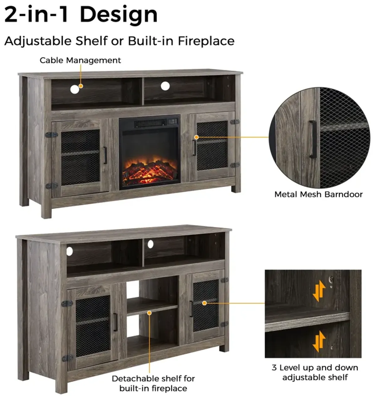 Modern Farmhouse TV Stand With Electric Fireplace, Fit Up To Flat Screen TV With Storage Cabinet And Adjustable Shelves Industrial Entertainment Center For Living Room - Gray