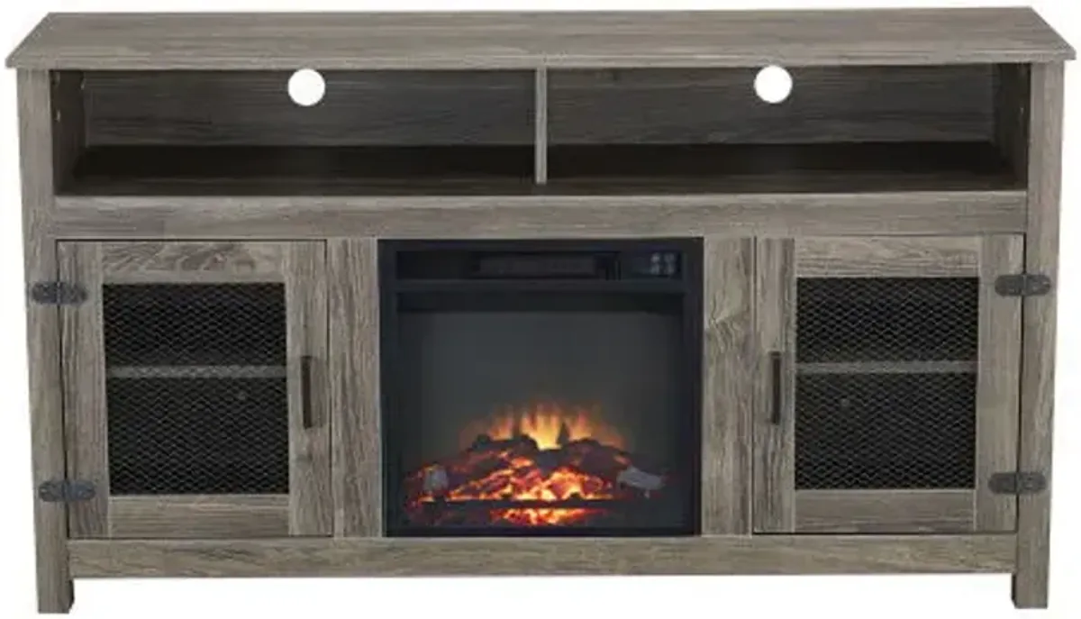 Modern Farmhouse TV Stand With Electric Fireplace, Fit Up To Flat Screen TV With Storage Cabinet And Adjustable Shelves Industrial Entertainment Center For Living Room - Gray