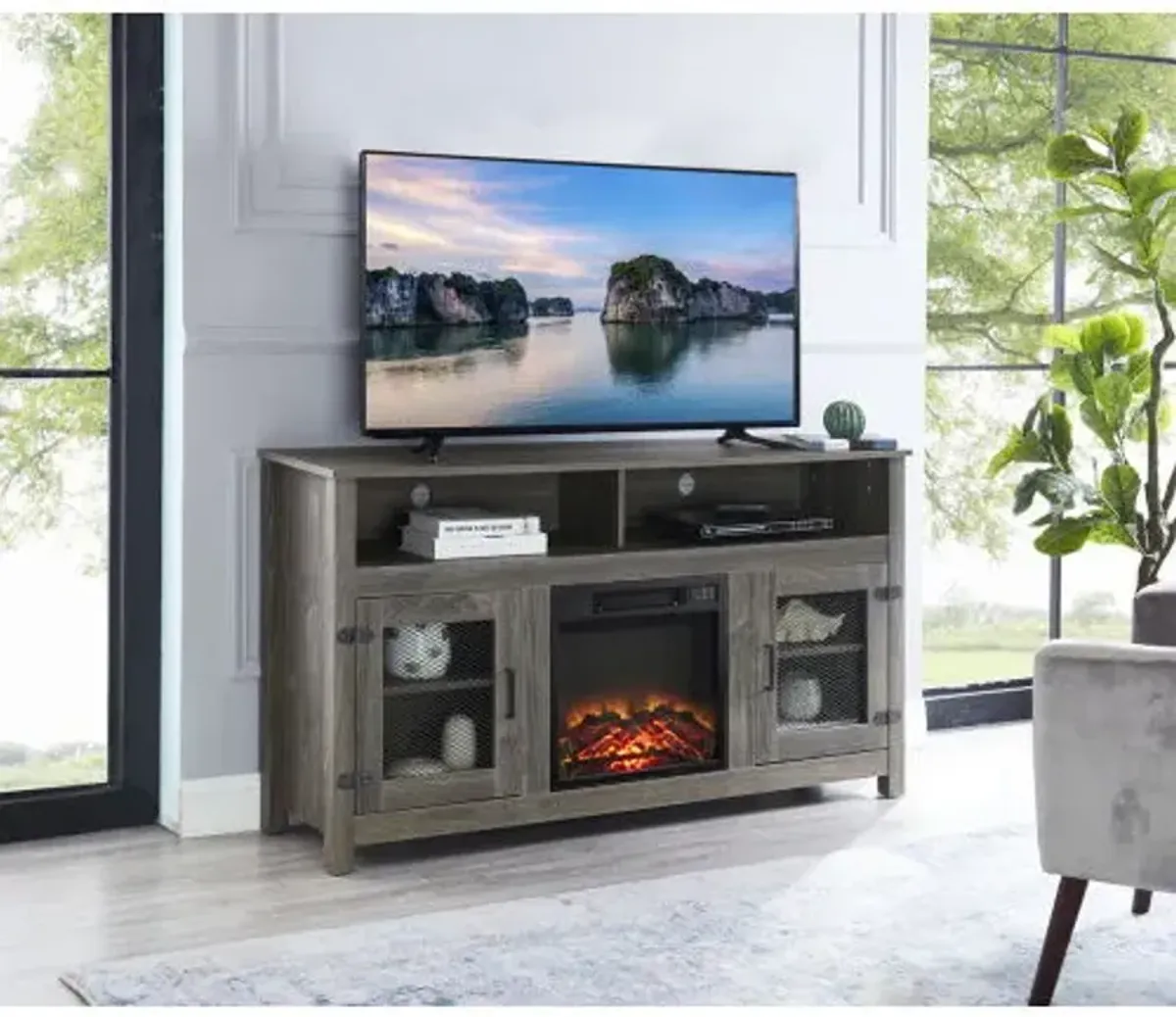 Modern Farmhouse TV Stand With Electric Fireplace, Fit Up To Flat Screen TV With Storage Cabinet And Adjustable Shelves Industrial Entertainment Center For Living Room - Gray