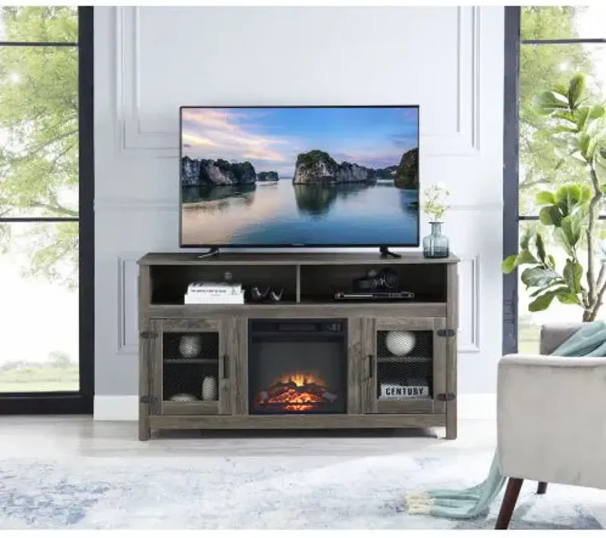 Modern Farmhouse TV Stand With Electric Fireplace, Fit Up To Flat Screen TV With Storage Cabinet And Adjustable Shelves Industrial Entertainment Center For Living Room - Gray