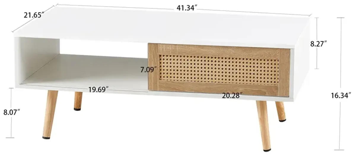 41.34" Rattan Coffee Table, Sliding Door For Storage, Solid Wood Legs, Modern Table For Living Room