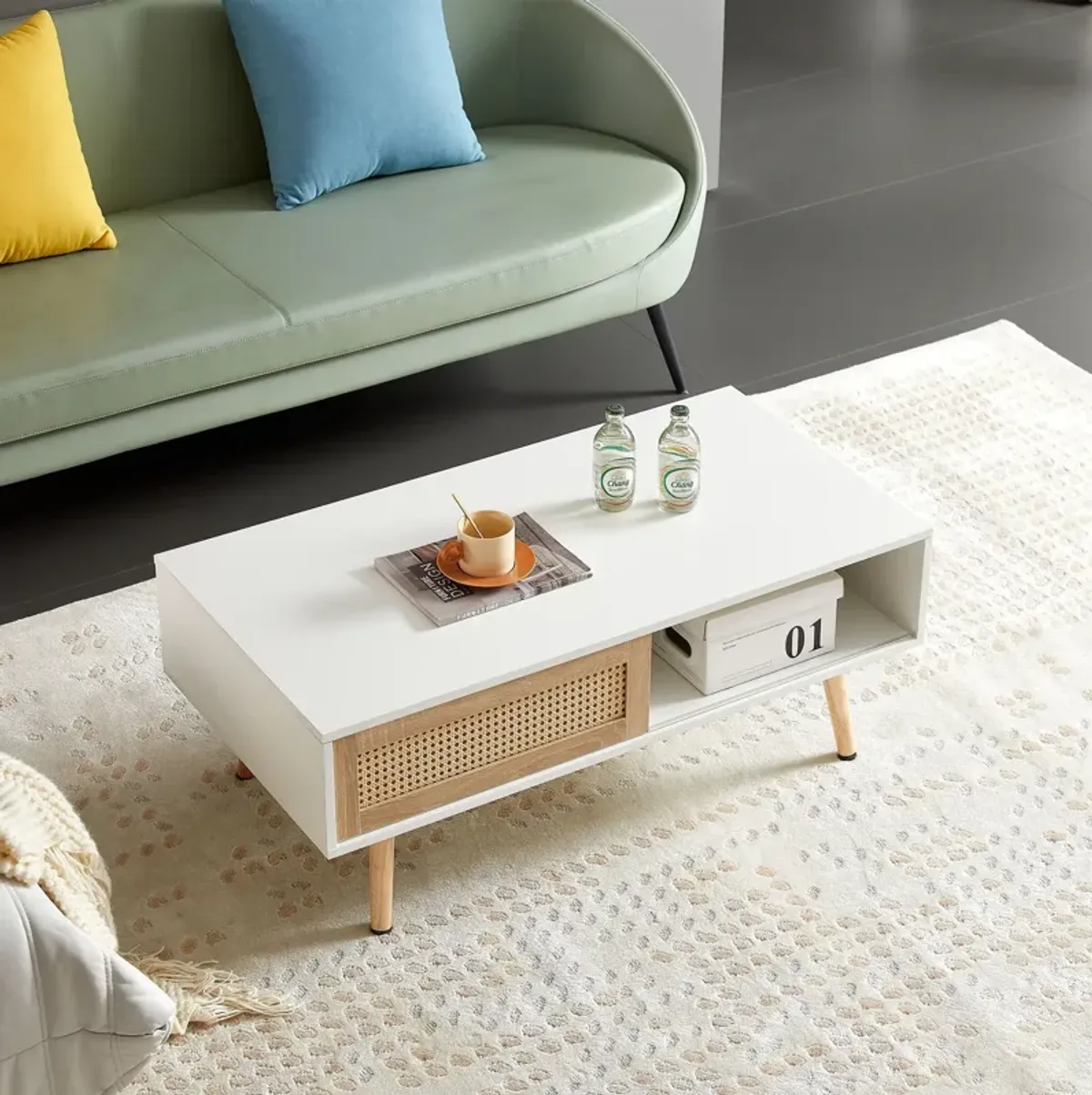 41.34" Rattan Coffee Table, Sliding Door For Storage, Solid Wood Legs, Modern Table For Living Room