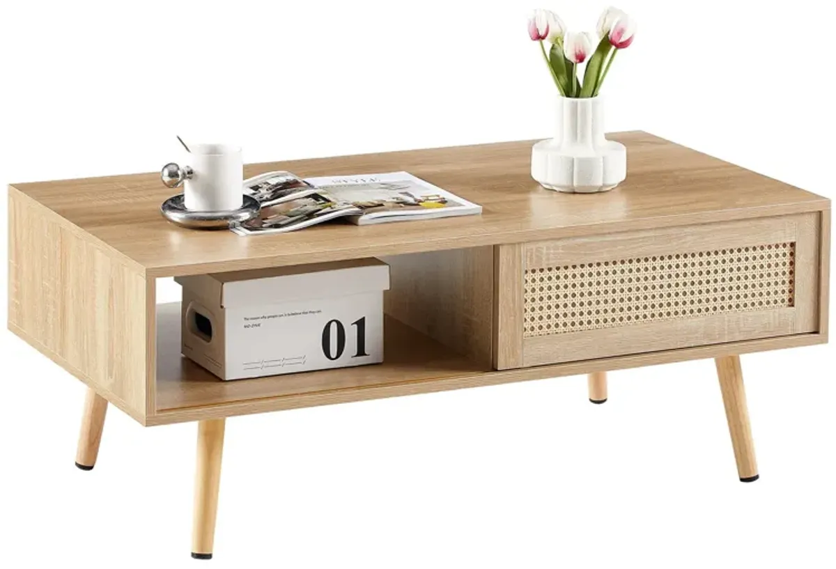 41.34" Rattan Coffee Table, Sliding Door For Storage, Solid Wood Legs, Modern Table For Living Room