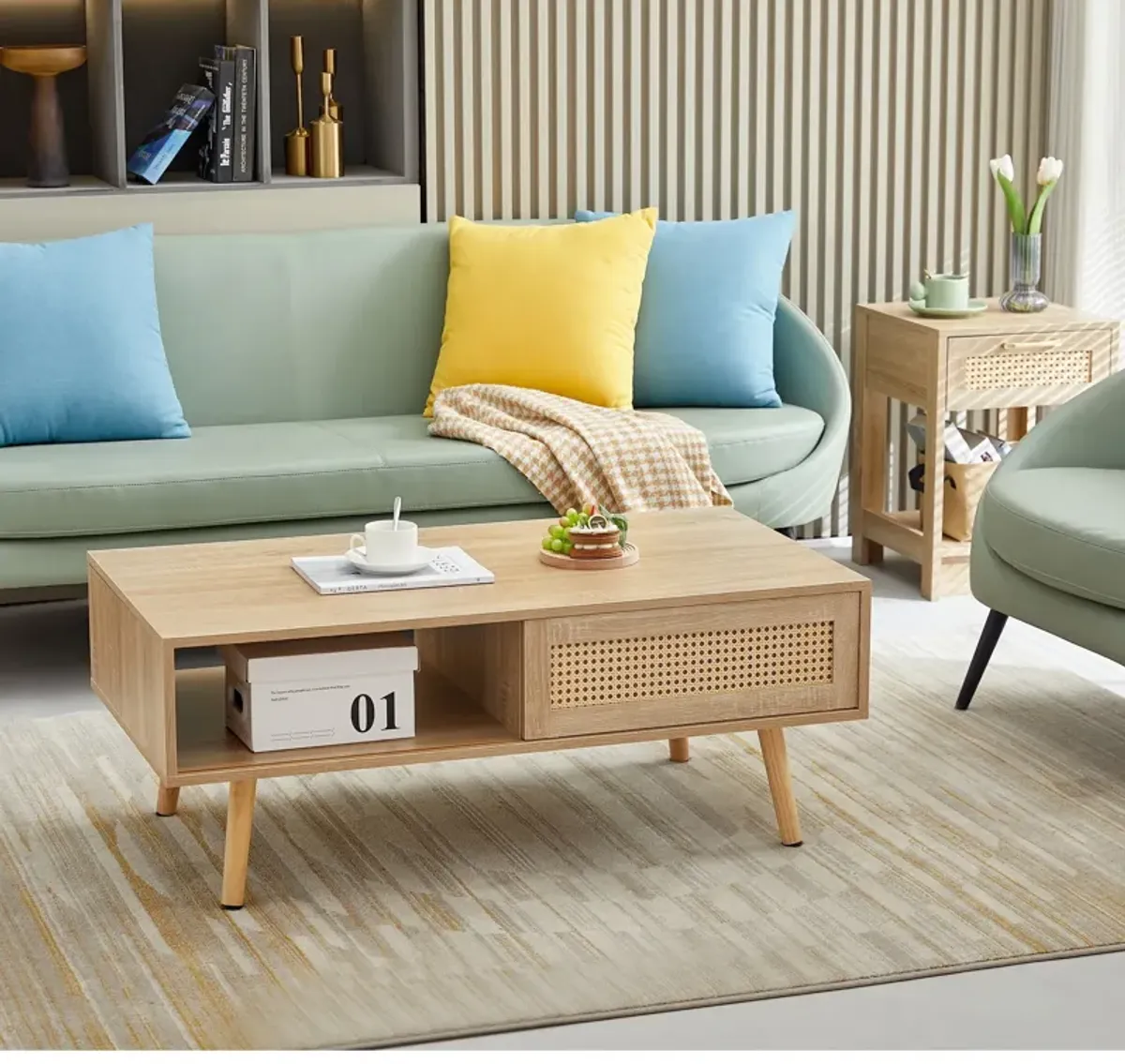 41.34" Rattan Coffee Table, Sliding Door For Storage, Solid Wood Legs, Modern Table For Living Room