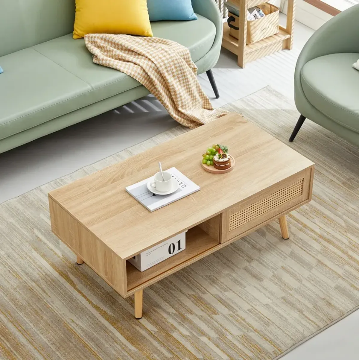 41.34" Rattan Coffee Table, Sliding Door For Storage, Solid Wood Legs, Modern Table For Living Room