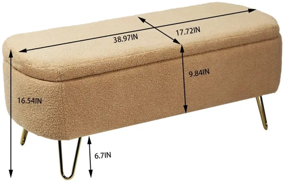 Storage Ottoman Bench For End Of Bed Gold Legs, Modern Camel Faux Fur Entryway Bench Upholstered Padded With Storage For Living Room Bedroom