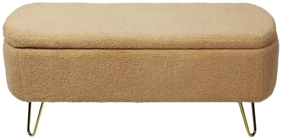 Storage Ottoman Bench For End Of Bed Gold Legs, Modern Camel Faux Fur Entryway Bench Upholstered Padded With Storage For Living Room Bedroom