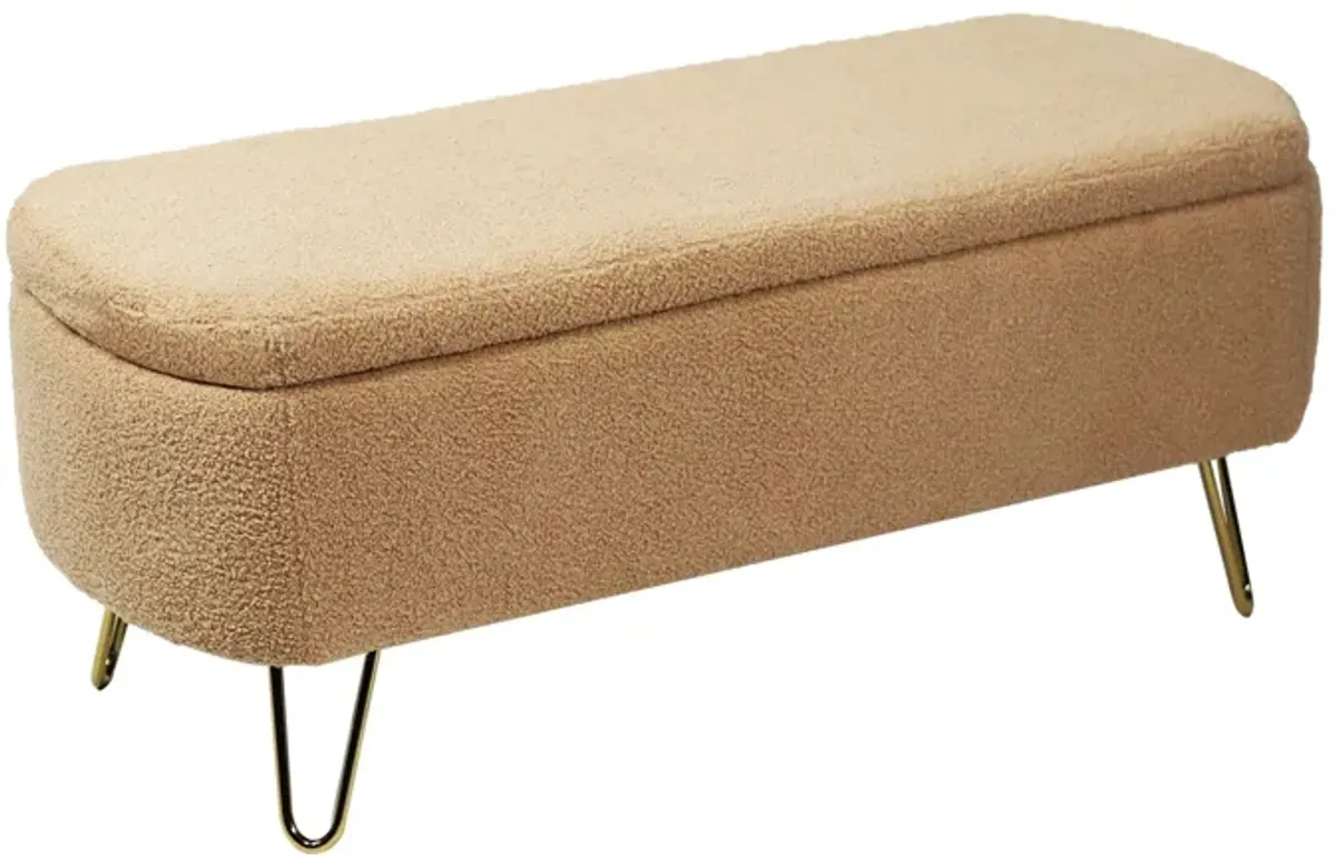 Storage Ottoman Bench For End Of Bed Gold Legs, Modern Camel Faux Fur Entryway Bench Upholstered Padded With Storage For Living Room Bedroom