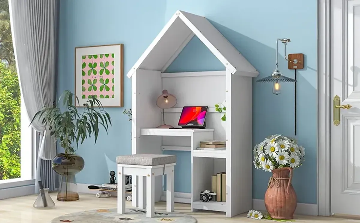 House-Shaped Kids Desk With A Cushion Stool, House-Style Desk And Stool Set