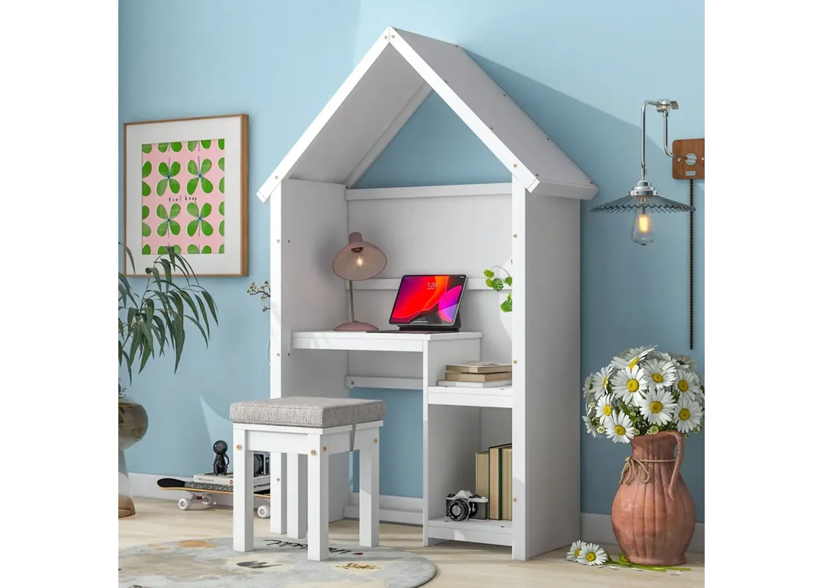 House-Shaped Kids Desk With A Cushion Stool, House-Style Desk And Stool Set