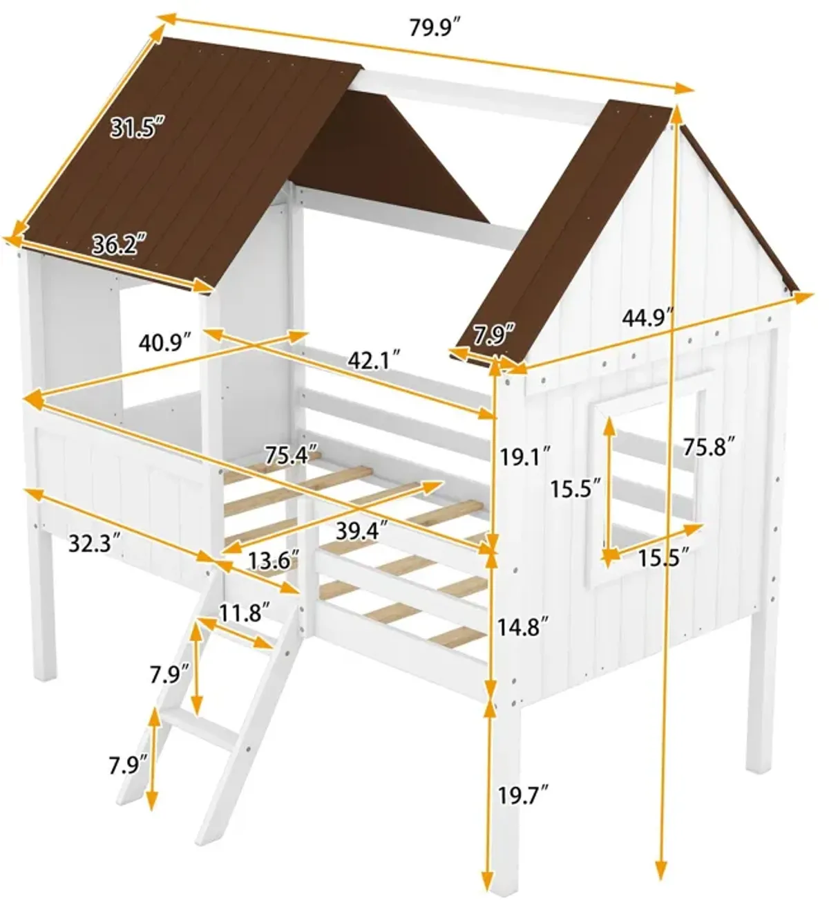 Low Loft Wood House Bed With Two Side Windows