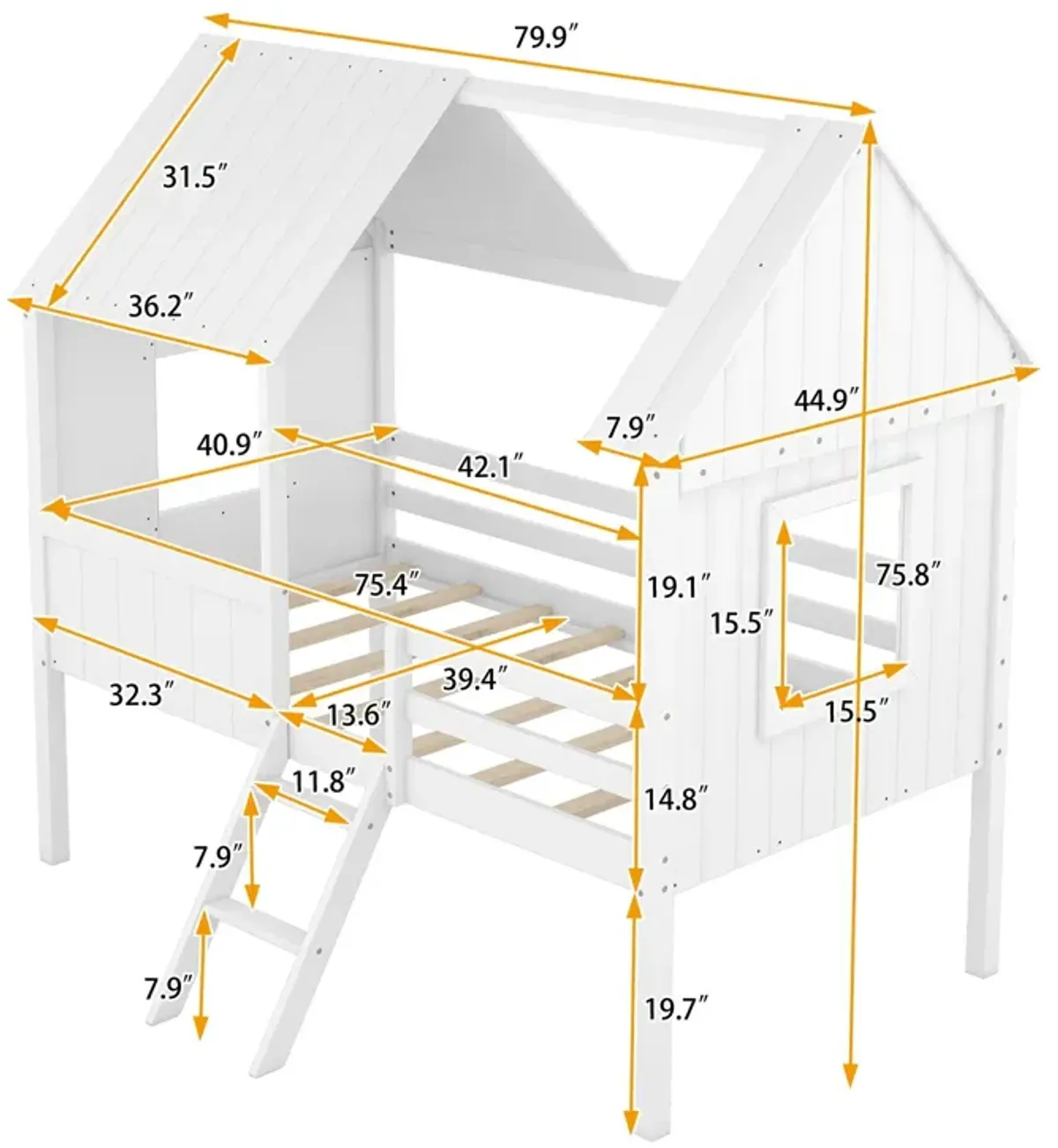 Low Loft Wooden House Bed With Two Side Windows