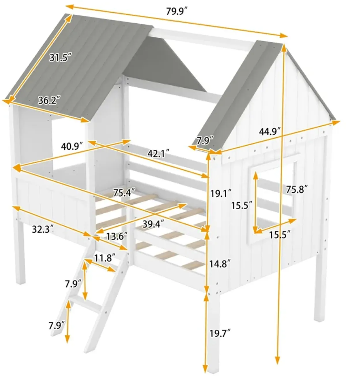 Low Loft Wooden House Bed With Two Side Windows