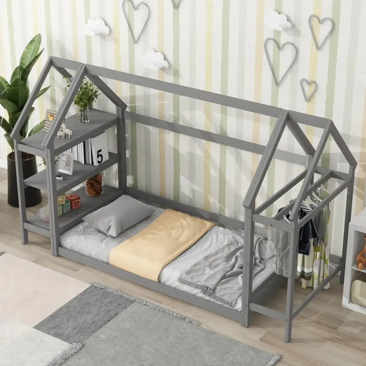 Wood House Bed With Storage Shelf And Hanger, Kids Bedroom Set