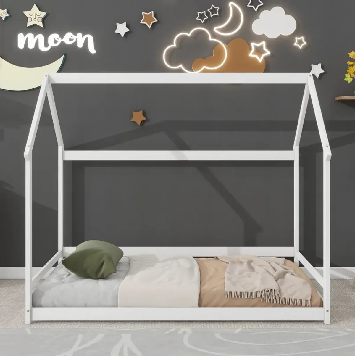 Wood House Bed With Storage Shelf And Hanger, Kids Bedroom Set