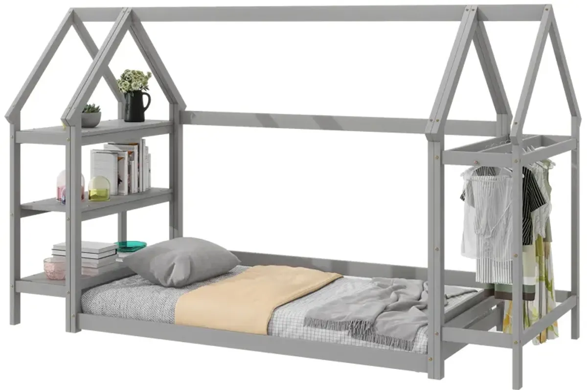 Wood House Bed With Storage Shelf And Hanger, Kids Bedroom Set