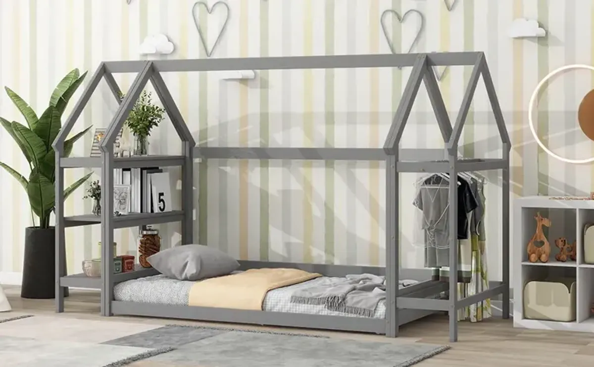 Wood House Bed With Storage Shelf And Hanger, Kids Bedroom Set