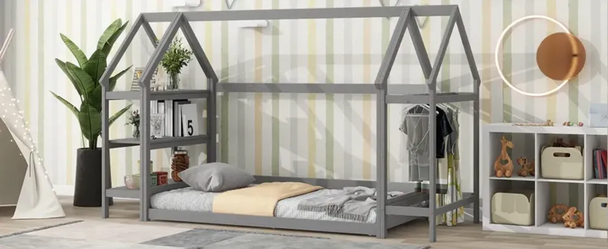 Wood House Bed With Storage Shelf And Hanger, Kids Bedroom Set