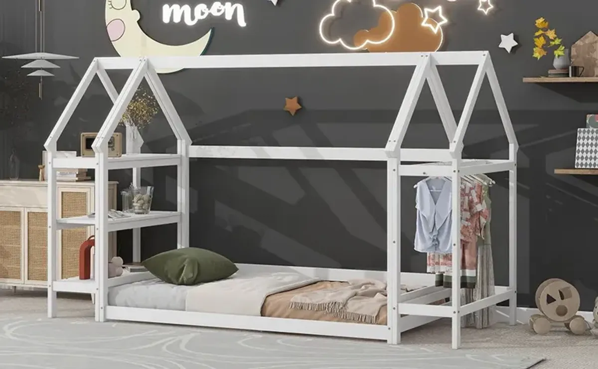 Wood House Bed With Storage Shelf And Hanger, Kids Bedroom Set