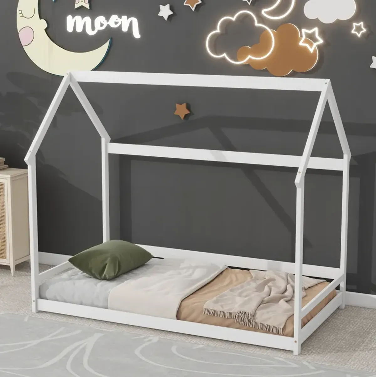 Wood House Bed With Storage Shelf And Hanger, Kids Bedroom Set